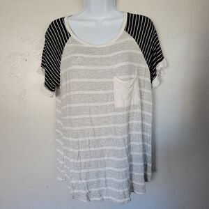Hailey & Co. Grey White Stripe Blouse Short Sleeve Black Striped Ruffle Sleeves